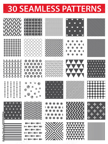30 retro styled black vector seamless patterns: abstract, vintage, technology and geometric. Vector illustration