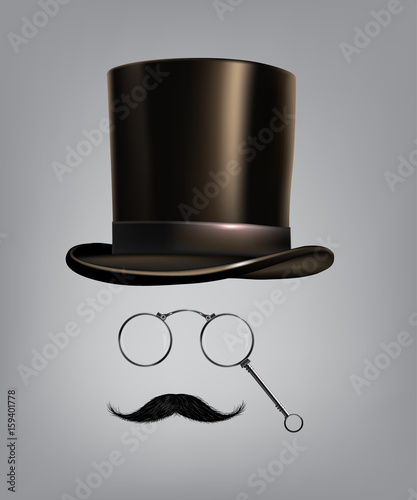 Gentleman accessories: hat cylinder, lorgnette and moustache. Vector illustration.