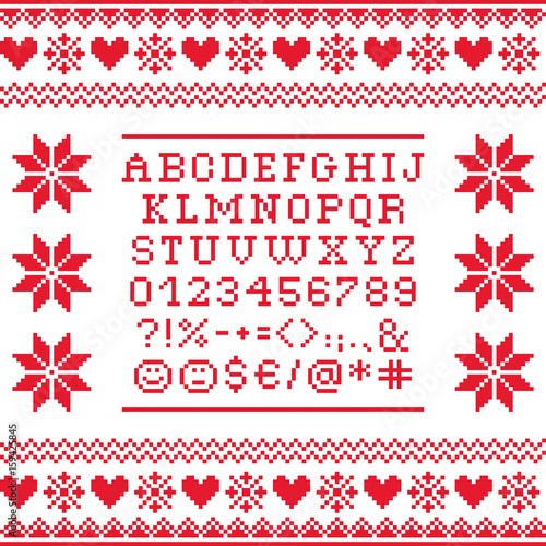 Cross stitch uppercase alphabet with numbers and symbols pattern, embroidery design 