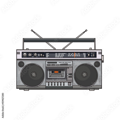 Old fashioned, retro style audio tape recorder, ghetto boom box from 90s, sketch vector illustration isolated on white background. Front view of hand drawn audio tape recorder, boom box