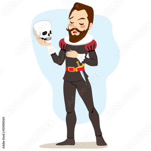 Male artist actor playing Hamlet holding skull