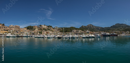 Panoramic Marina view village of Port-Soller, Mallorca island, Balearic Islands, Spain.