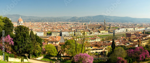 Beautiful view of Florence from Bardini Garden during Spring Season. Visible From left to right, Cathedral of Santa Maria del Fiore and the Basilica of the Holy Cross. Italy