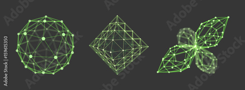 Sphere. Octahedron. 3d vector wireframe object. Illustration with connected lines and dots. Geometric Shape for Design. Abstract grid design. Connection structure. Technology style.