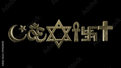 religion symbols coexist on black background