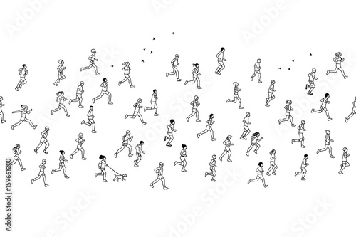 Seamless banner of tiny marathon runners, can be tiled horizontally: a diverse collection of small hand drawn men and women running from left to right