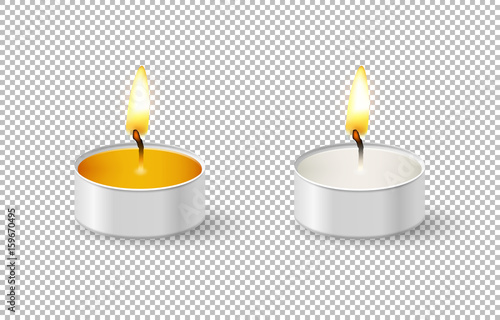 Realistic tealight candle icon set isolated on transparent background. Cose-up design template in vector EPS10.