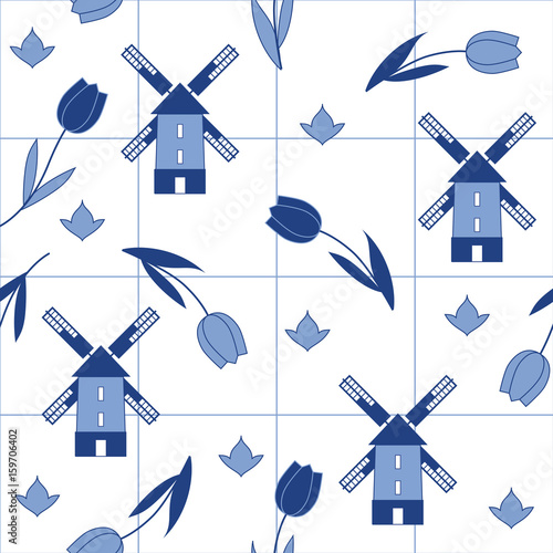 Seamless vector delftware pattern with tulips and mills