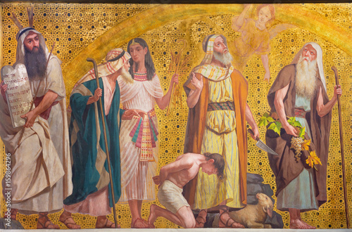 TURIN, ITALY - MARCH 15, 2017: The symbolic fresco of patriarchs Moses, Joseph, Abraham and Josue in church Chiesa di San Dalmazzo by Enrico Reffo and Luigi Guglielmino (1916).