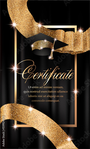 Certificate with gold design elements and curtain on the background. Vector illustration