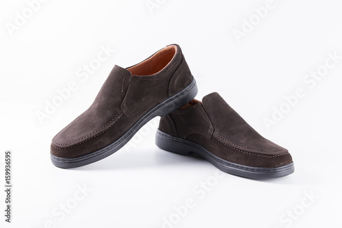 Male Brown Shoes on White Background, Isolated Product, Top View, Studio.