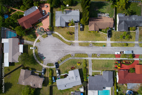 Aerial image of a cul-de-sac in a residential neighborhood