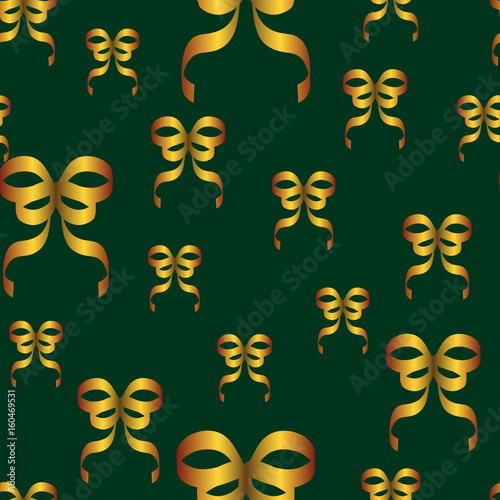 Seamless vector pattern with golden bows stylized with silk ribbon. Green wallpaper is usable for decorating gift boxes, wrapping paper, printing on textiles and as a backdrop for holiday cards
