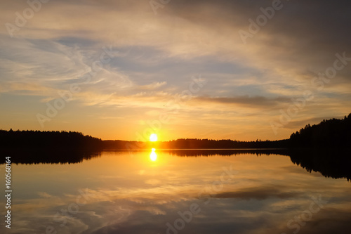 Midnight sun, Finland. Sunset in middle on June during midnight sun period.