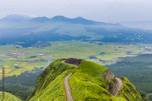 Aso volcano mountain and farmer village in Kumamoto, Japan