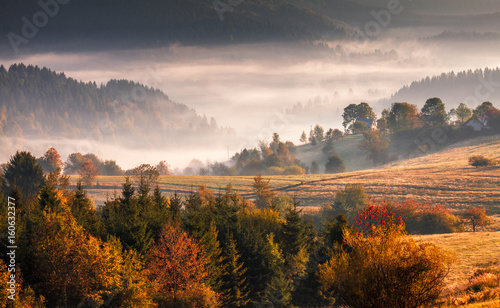 Autumn landscape, misty morning in the region of Kysuce, Slovakia, Europe.