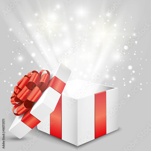 Opened gift box with red bow and lights Vector