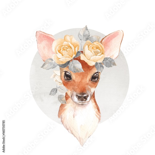 Baby Deer and flowers. Hand drawn cute fawn. Watercolor illustration