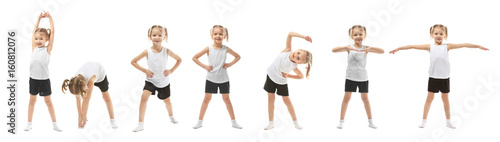 Collage of cute little girl doing gymnastic exercises on white background