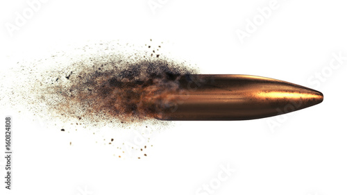Flying bullet with a dust trail on a white isolated background