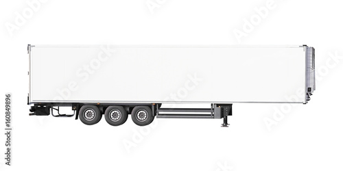 White parked semi trailer, isolated on white background. Cargo truck trailer, side view.