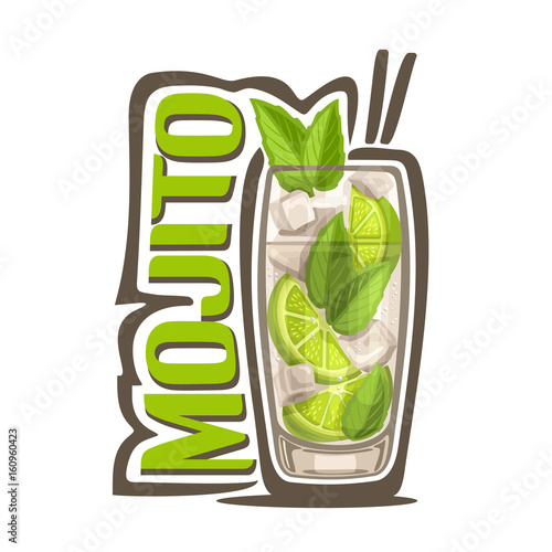 Vector illustration of alcohol Cocktail Mojito: full glass with transparent cocktail, sliced lime, cubes of ice, green leaves of herb mint, glassware with exotic long drink mojito on white background.