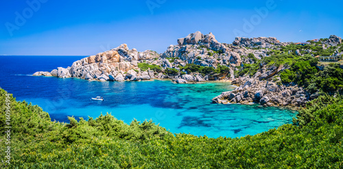 Bizarre granite rock and azure bay in Capo Testa, Sardinia, Italy