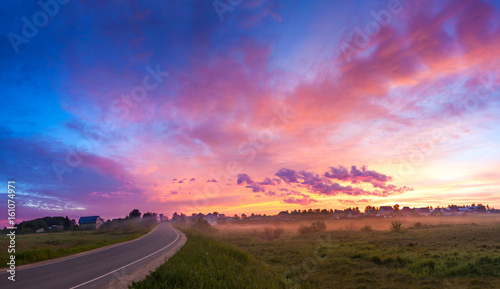 rural landscape with sunrise,blue sky and clouds panorama.