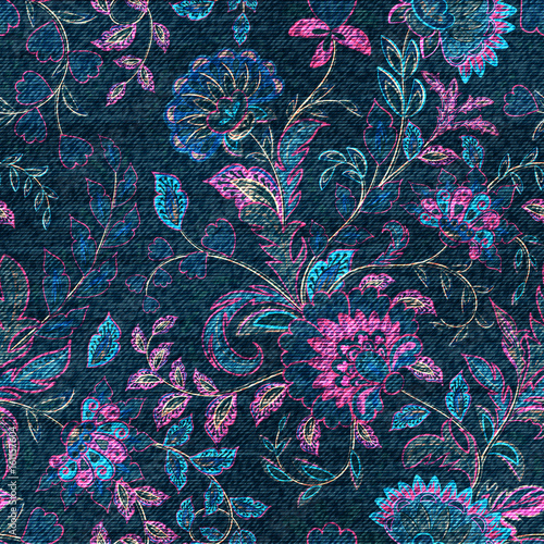 Blue denim with colorful floral print. Vector seamless wallpaper.