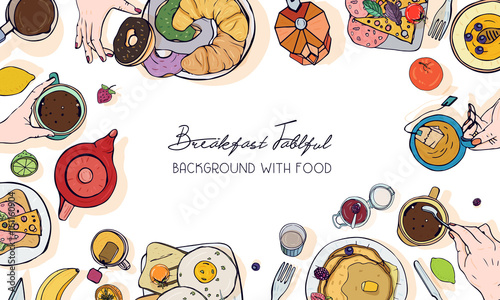 Horizontal advertising banner on breakfast theme. Backdrop with drink, pancakes, sandwiches, eggs, croissants and fruits. Top view. Colorful vector hand drawn background with place for text.