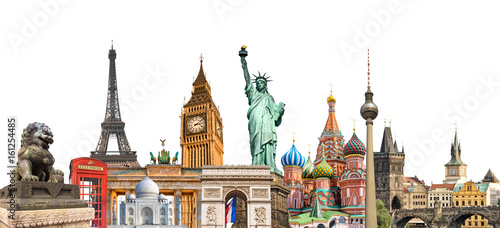 World landmarks photo collage isolated on white background, travel, tourism and study around the world concept