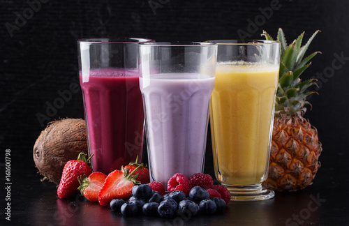 Berry, multifruit and banana milkshakes