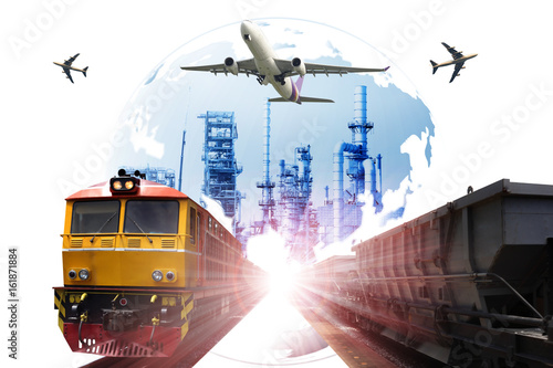 Global business of Container Cargo freight train for logistic import export, Business logistics concept , Air cargo trucking , rail transportation , On-time delivery