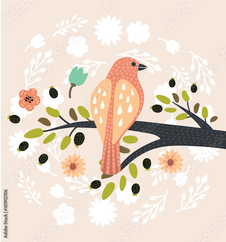 880352 Vector cartoon illustration of cute bird sitting on sitting on a branch.