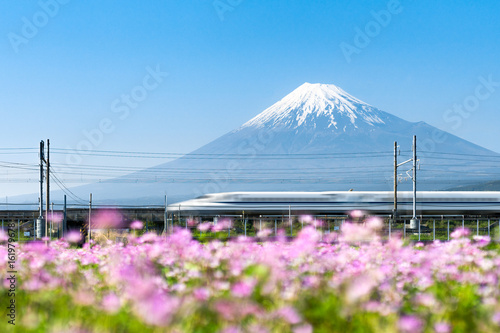 Tokaido Shinkansen bullet train passing by Mount Fuji, Yoshiwara, Shizuoka prefecture, Japan