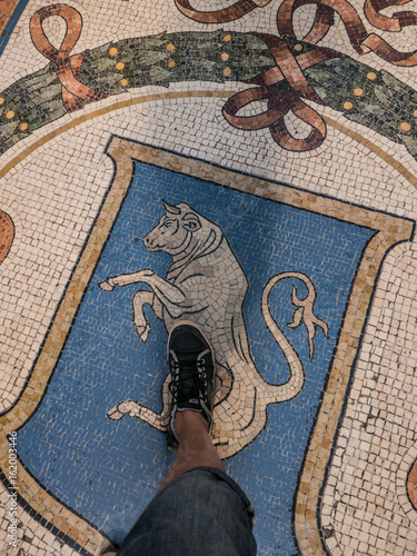 Spinning on the lucky bull floor mosaic