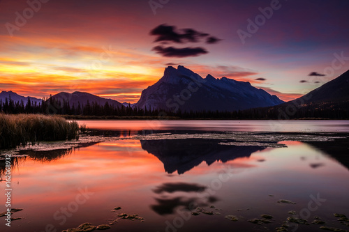 Mount Rundle Glorious Sunrise from the shore of the Vermillion Lakes in Banff National Park, Alberta, Canada