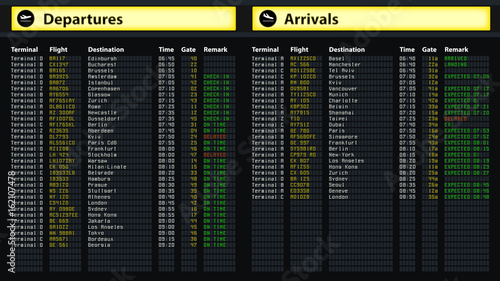 Flight schedule board at airport, travel information, arrivals and departures 