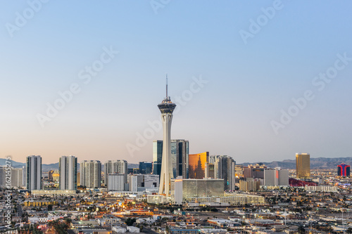 Las Vegas skyline at sunrise.
