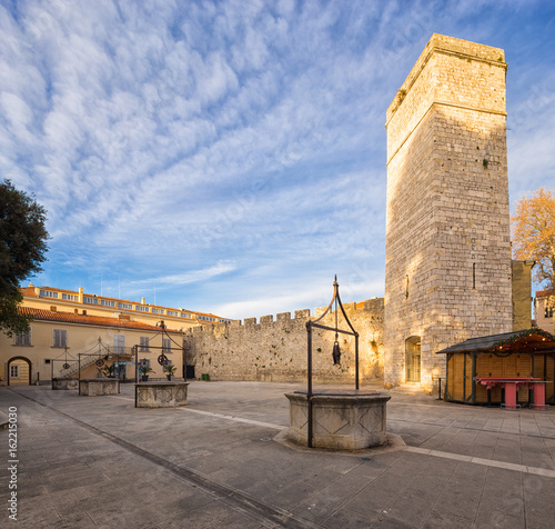 Square of Five Wells (Trg Pet bunara) and captain's tower in Zadar, Croatia