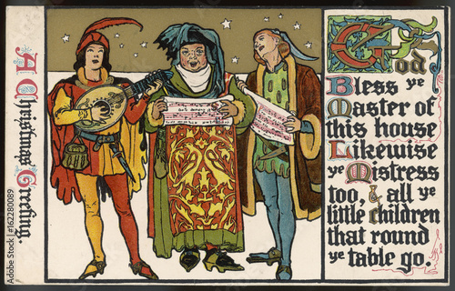 Medieval singers singing carols. Date: 1911