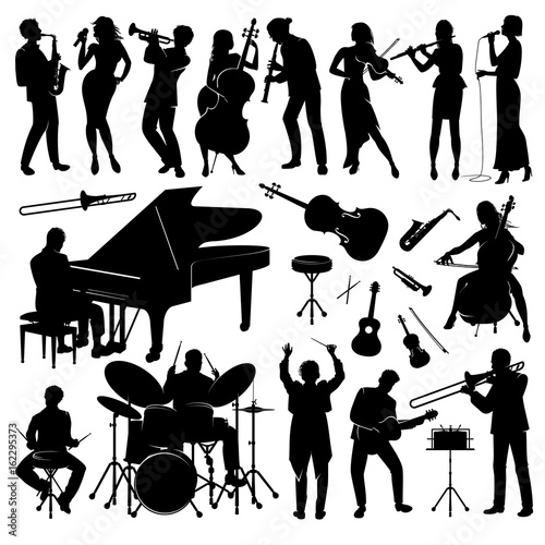 set of musicians with their instruments silhouettes 
