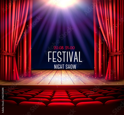 A theater stage with a red curtain and a spotlight. Festival night show poster. Vector.