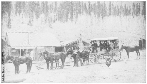 Stagecoach in frontier town USA. Date: 1905