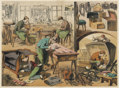 Workshop of a saddler and upholsterer. Date: 1875