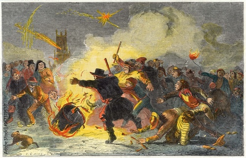 Rolling a tar barrel on Guy Fawkes night. Date: 1853