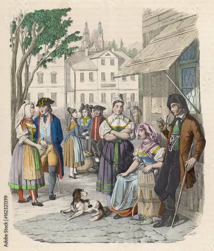 Bavarian people in the street southern Germany. Date: 1853