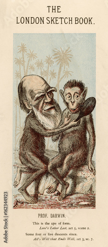 Charles Darwin with a lookalike ape. Date: 1874