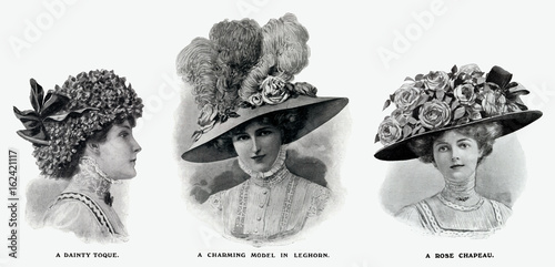 Edwardian hats using floral decorations 1909. Date: 1909