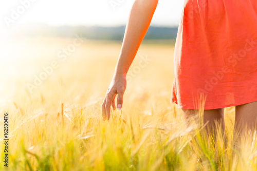 Girl in red dress walking on wheat field